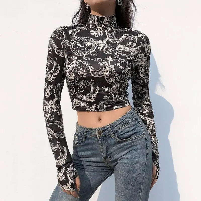 Dragon Long Sleeve Turtle Neck Crop-Top