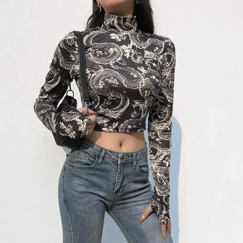 Dragon Long Sleeve Turtle Neck Crop-Top