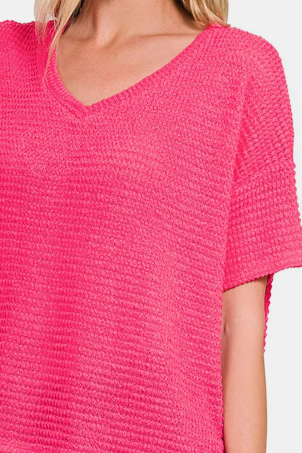 Drop Shoulder Short Sleeve Jacquard Knit Top