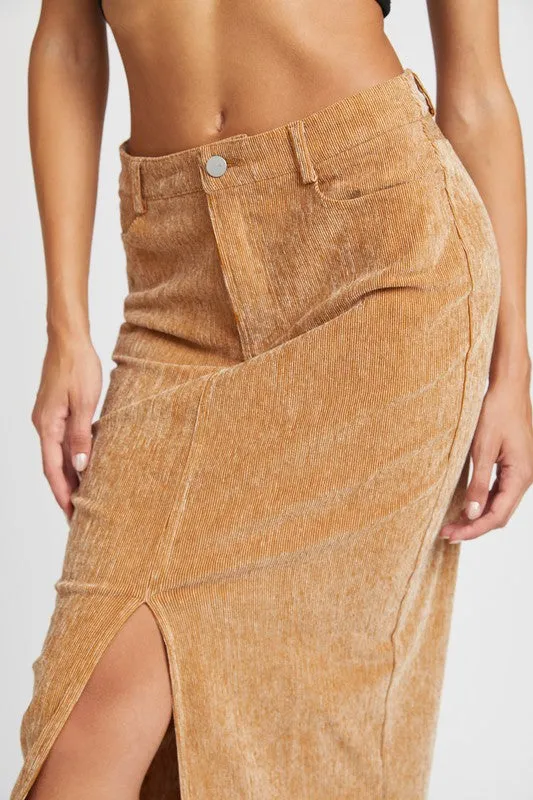 Elizabeth Tan Corduroy Midi Skirt with Front Slit