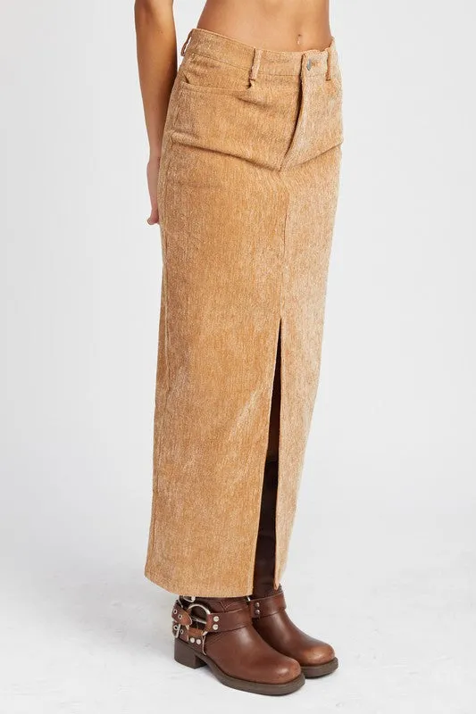 Elizabeth Tan Corduroy Midi Skirt with Front Slit