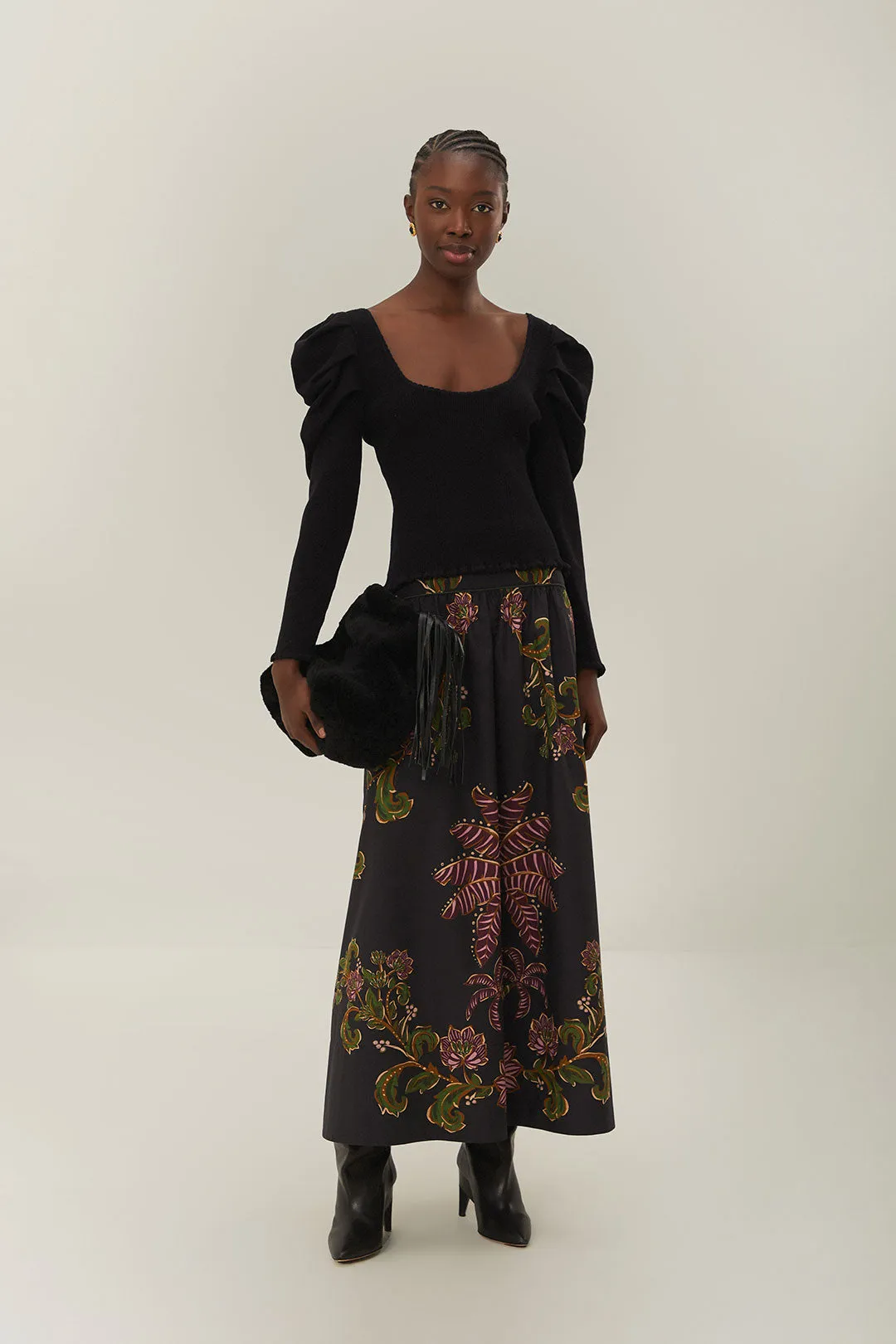 Farm Rio Ravenala Black Midi Skirt