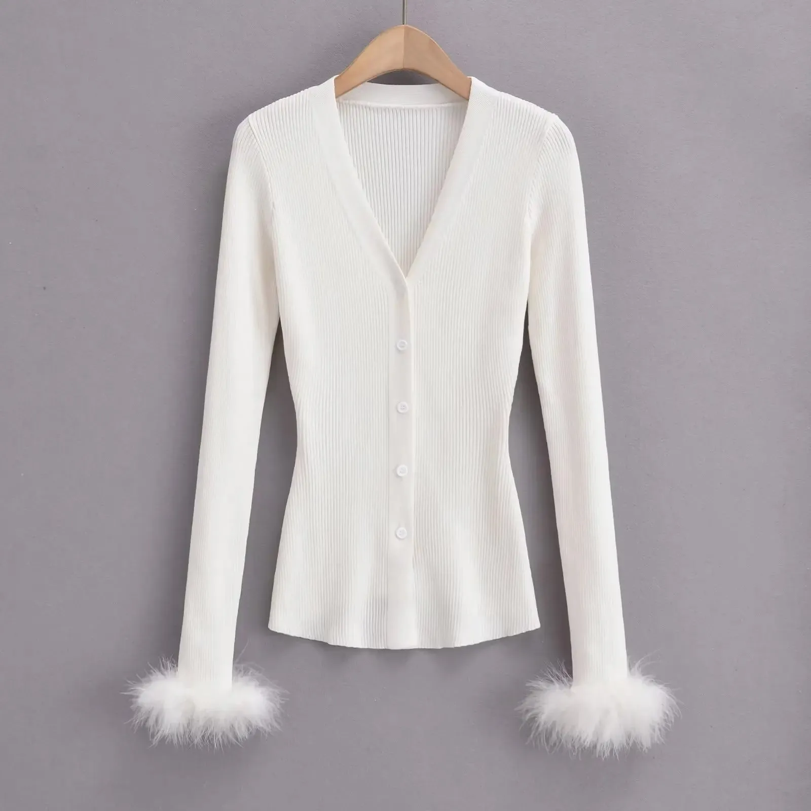 Feather Cuff Ribbed V-Neck Cardigan