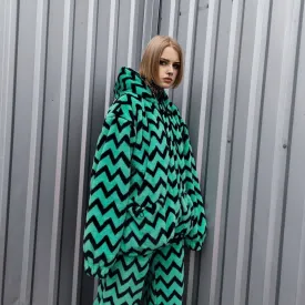 Festival stripe fleece jacket handmade detachable fluffy rave bomber zigzag print faux fur premium geometric top party zebra coat in green