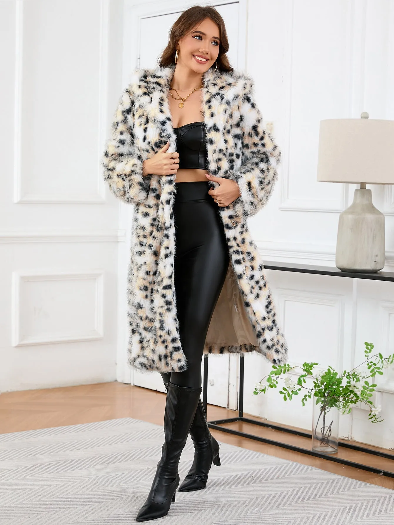 Fur Coat Winter Leopard Print Hooded Fur Long Sleeve Mid Length Warm Coat Coat Popular