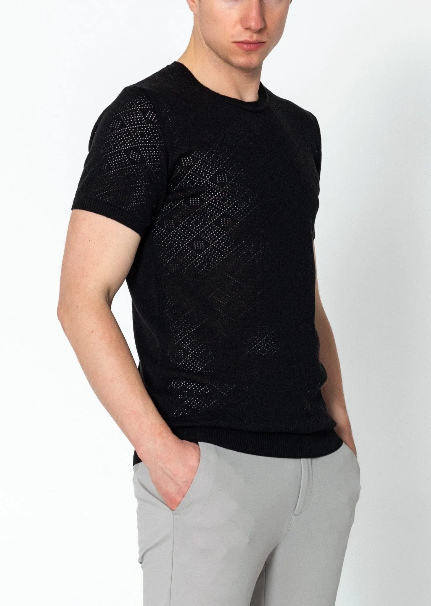 Geometric Crochet Knit Top - Black