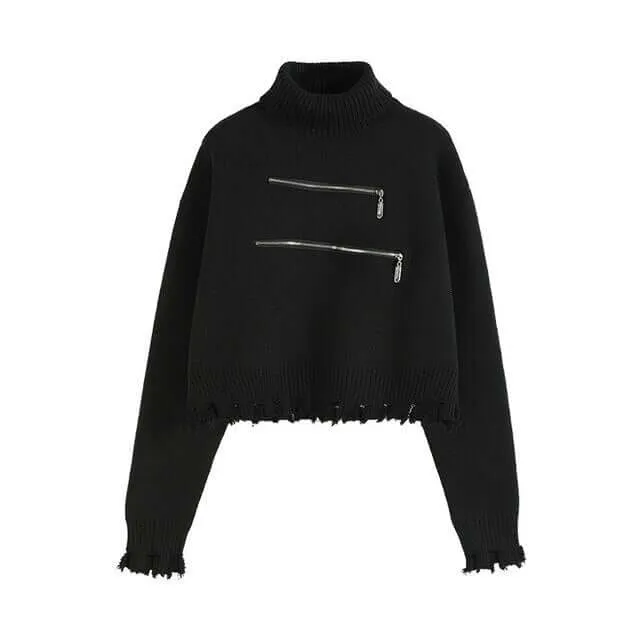 Goth 'Abyss' Black Zip Grunge Torn Turtleneck Sweater