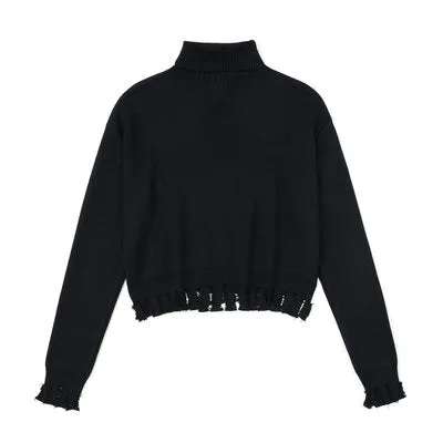 Goth 'Abyss' Black Zip Grunge Torn Turtleneck Sweater