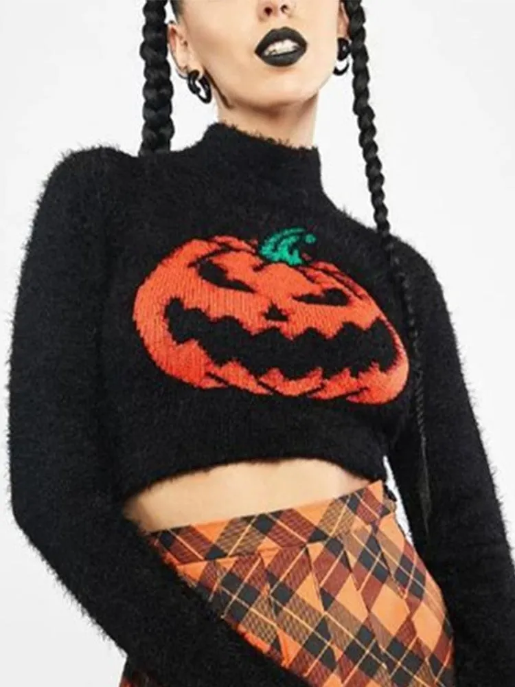 Gothic Black Pumpkin Print Women's Sweater Turtleneck Pullover Crop Long Sleeves Halloween Grunge Girls Party Top