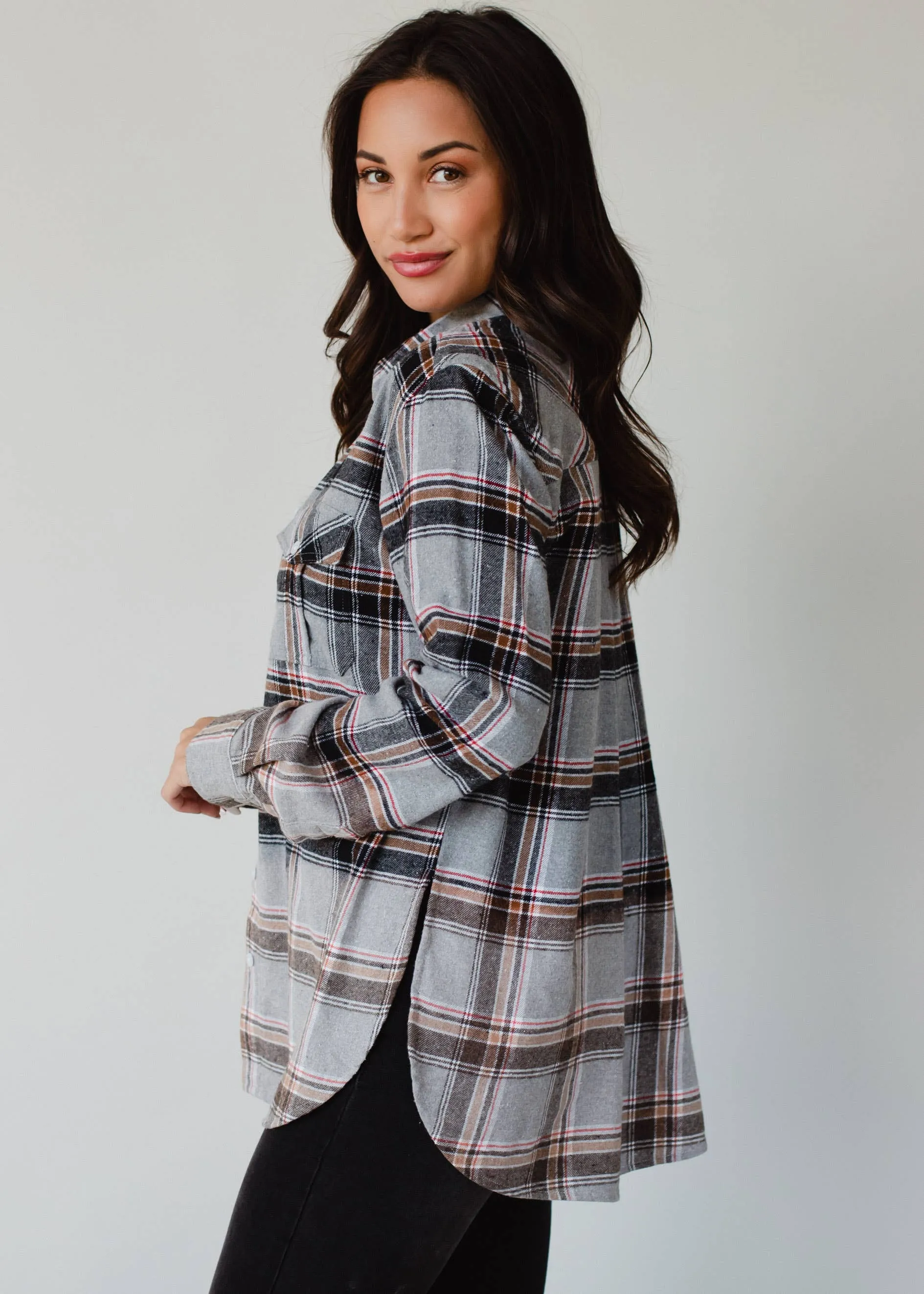 Gray, Red, Camel & Black Plaid Flannel