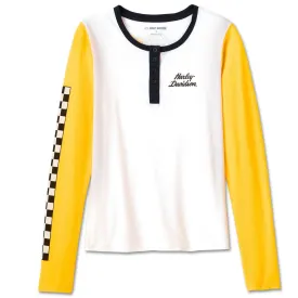 Harley-Davidson Women's Rose Racer Mesh Henley Long Sleeve Shirt, White/Yellow 96497-24VW