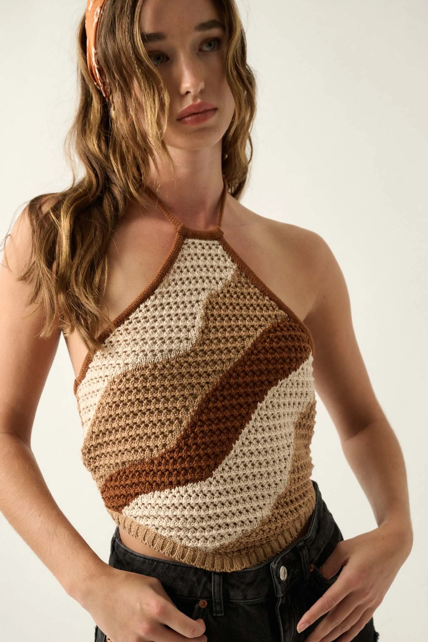 Heat Wave Colorblock Crochet Knit Halter Top