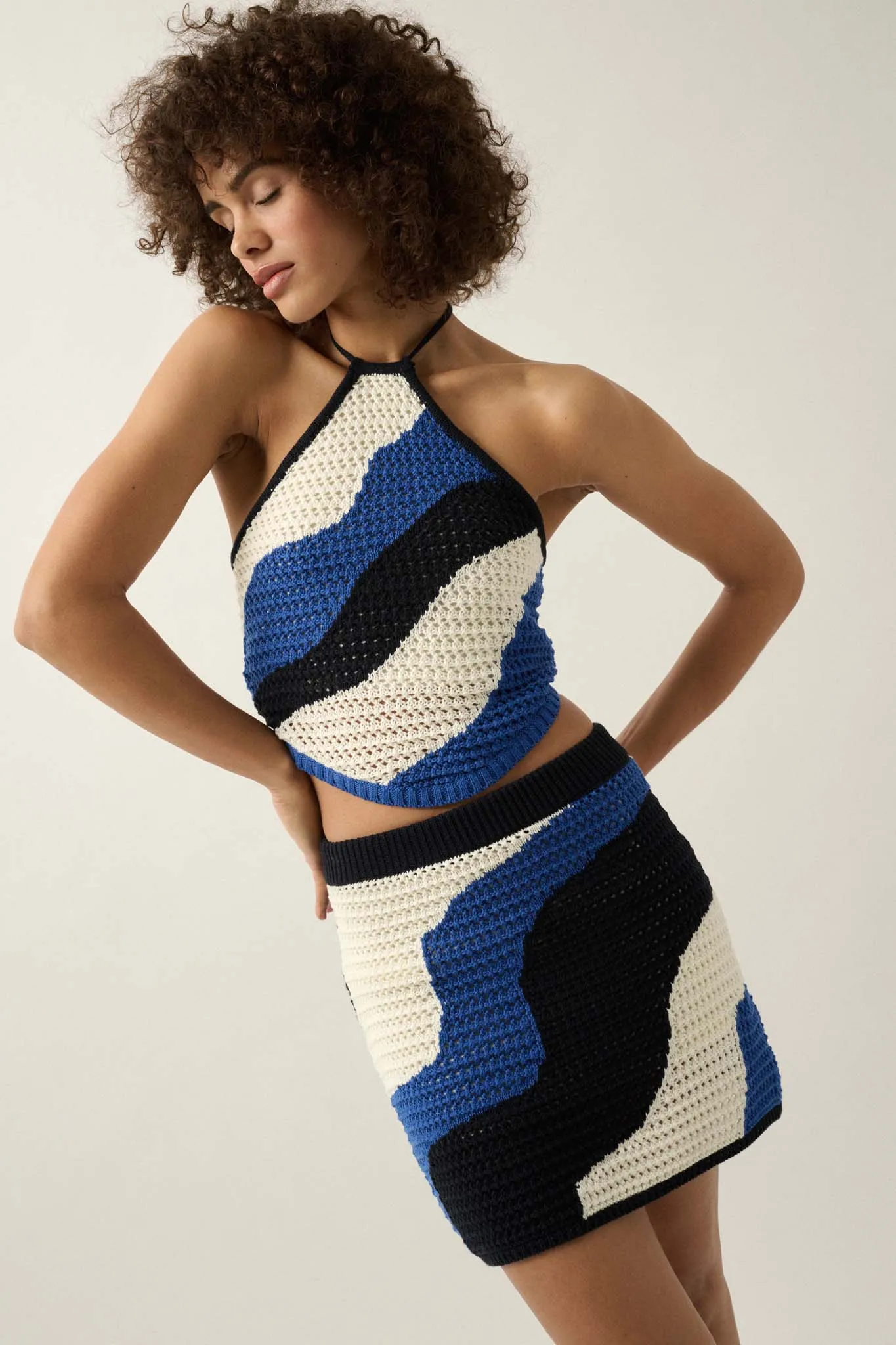 Heat Wave Colorblock Crochet Knit Halter Top