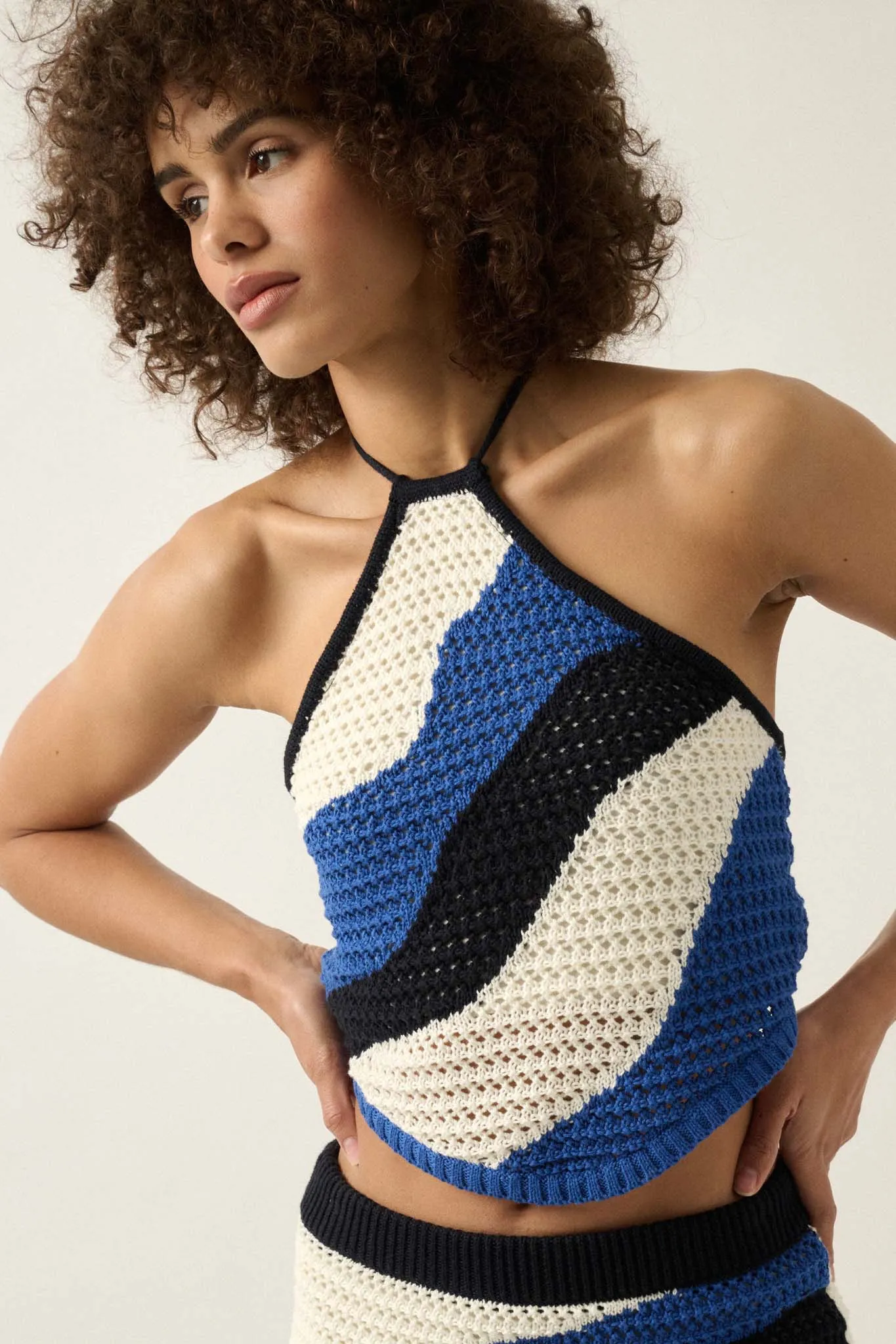 Heat Wave Colorblock Crochet Knit Halter Top