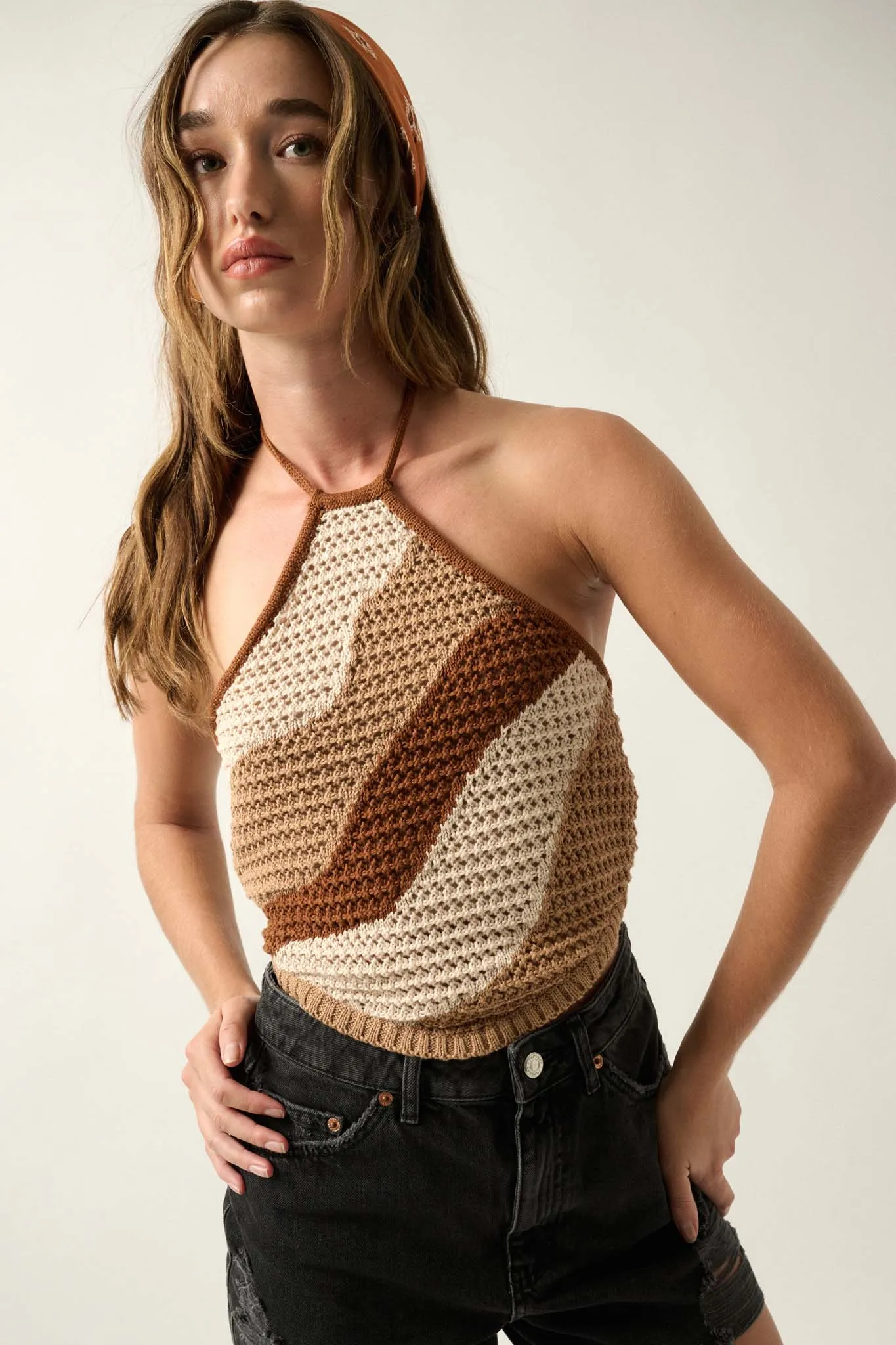 Heat Wave Colorblock Crochet Knit Halter Top