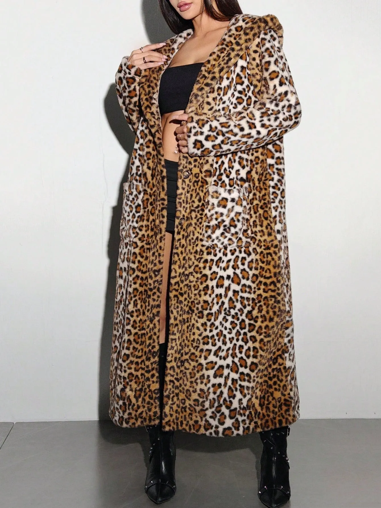 Hooded Leopard Print Faux Fur Coat