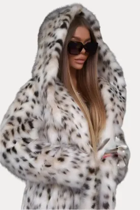 Hooded Leopard Print Faux Fur Long Coat