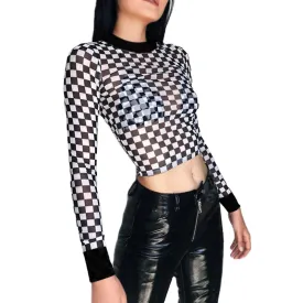 Hot Women's Long Sleeve Plaid Mesh Top / Transparent Tees with Checkerboard Pattern in Grunge Style