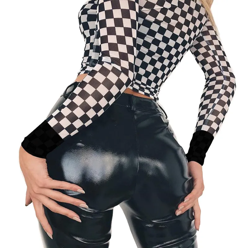 Hot Women's Long Sleeve Plaid Mesh Top / Transparent Tees with Checkerboard Pattern in Grunge Style