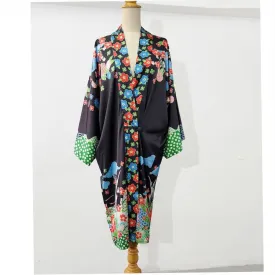 Japanese art kimono robe in black with floral and bird print