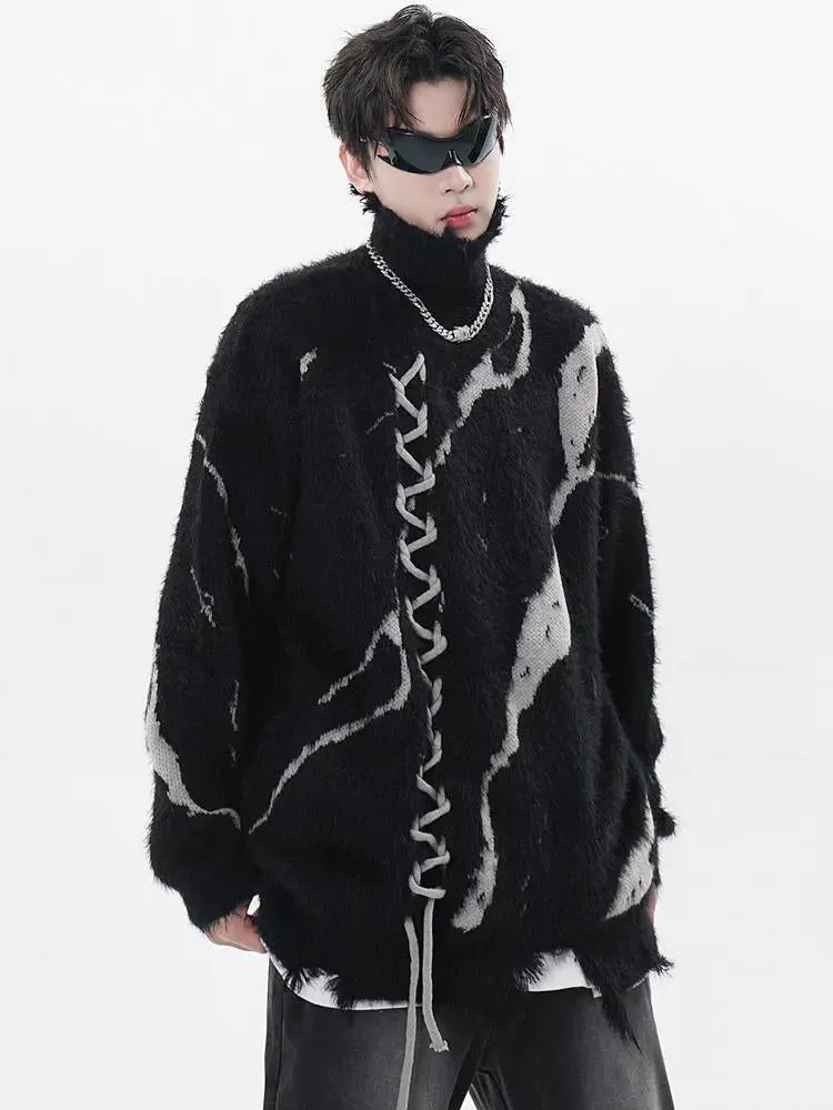 Jinquedai Grunge Fluffy Lace Up Sweater