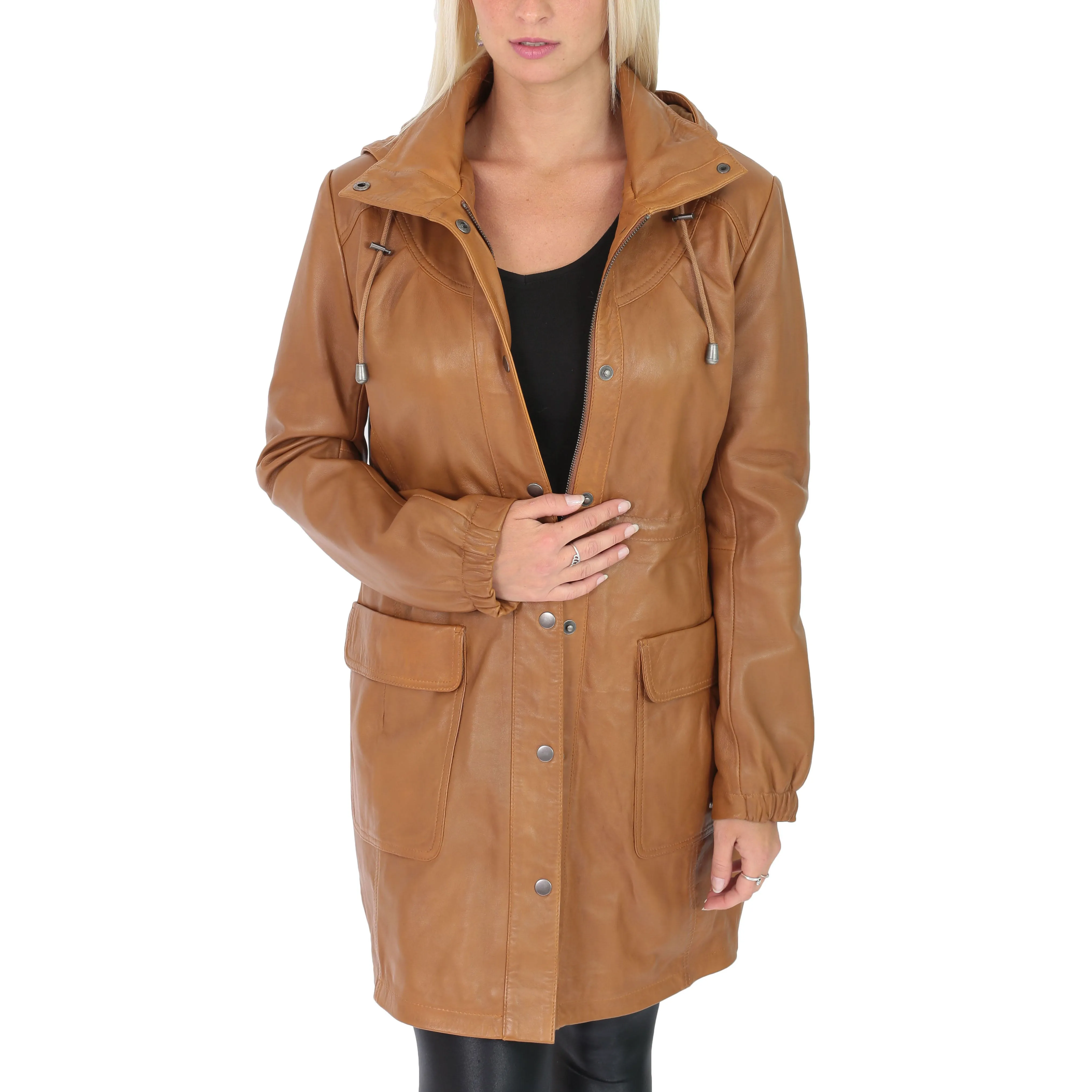 Ladies Duffle Leather Coat 3/4 Long Detachable Hood Classic Parka Jacket Liza Tan