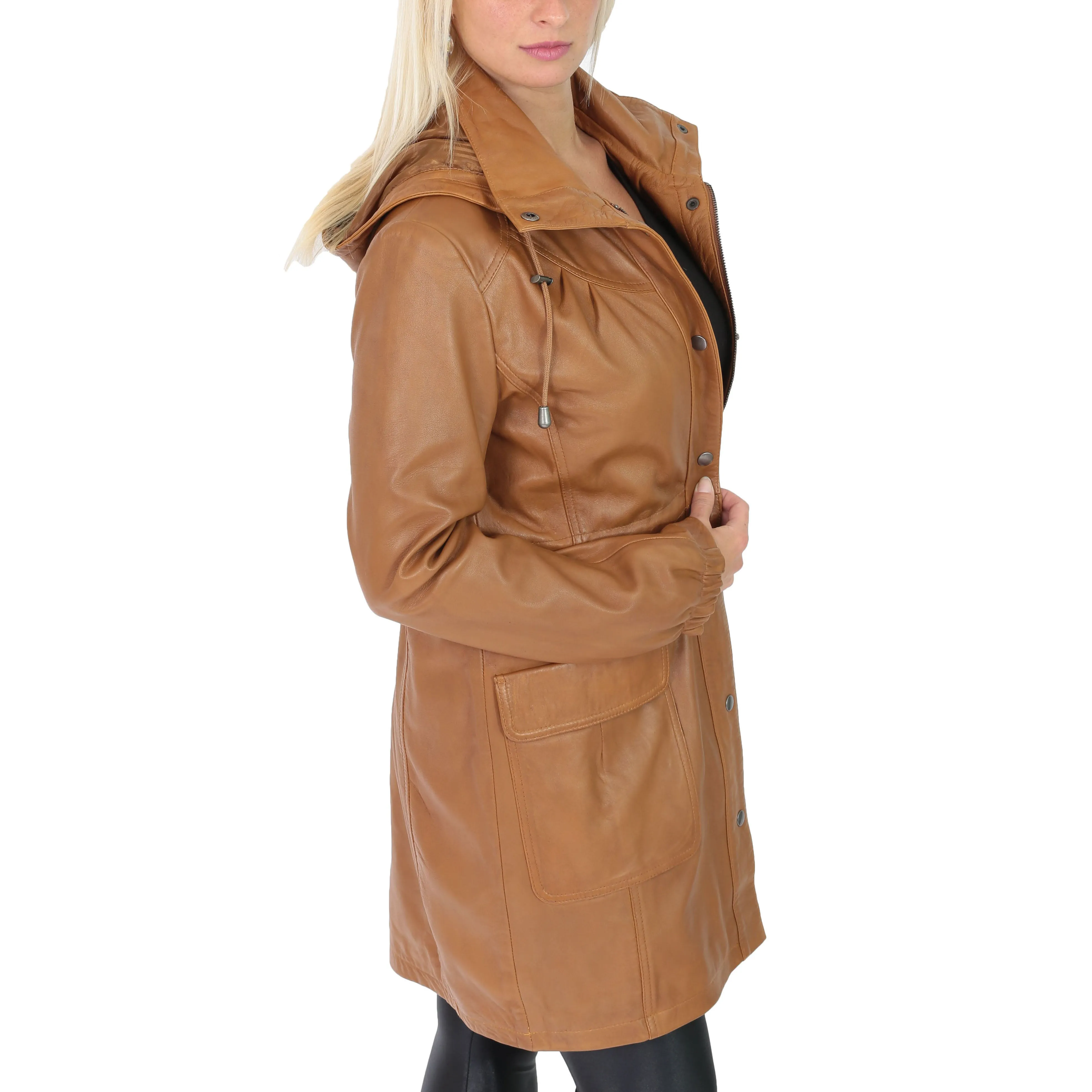 Ladies Duffle Leather Coat 3/4 Long Detachable Hood Classic Parka Jacket Liza Tan