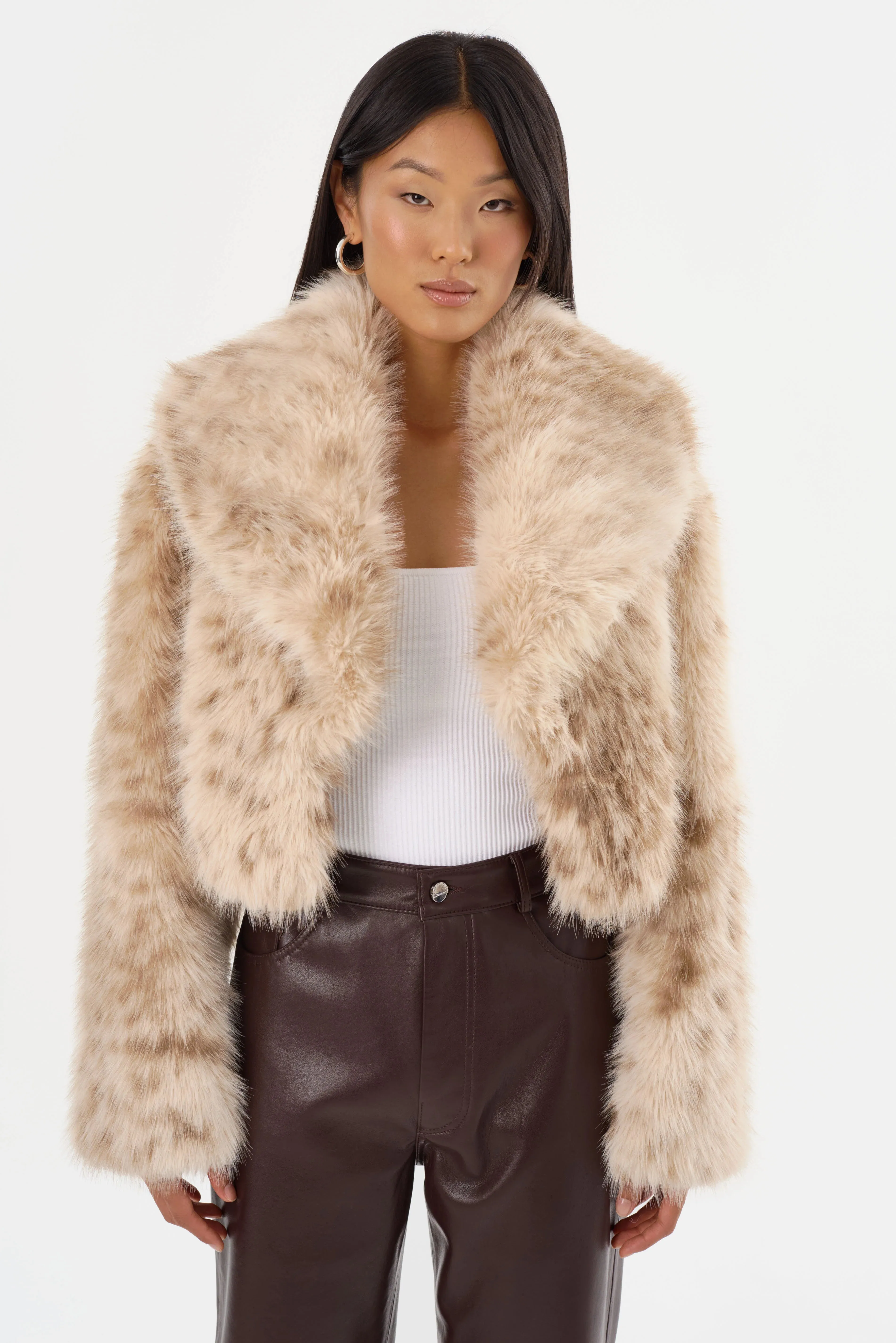 Lamarque Danika Leopard-Printed Faux Fur Cropped Coat - Beige Leopard