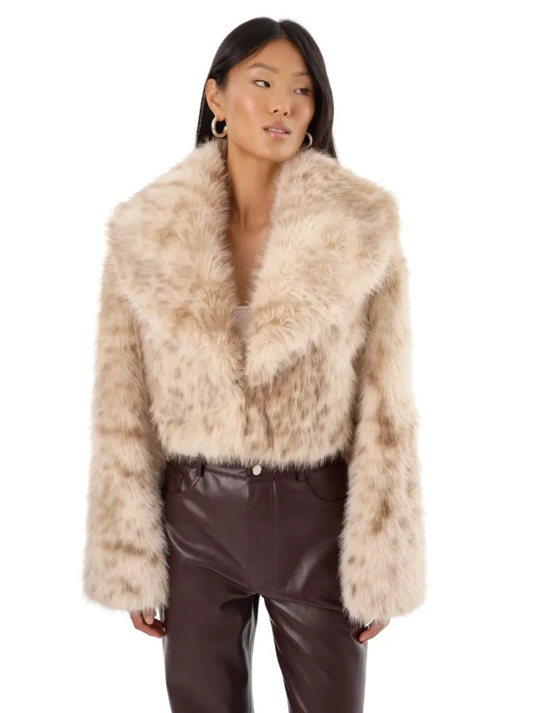 Lamarque Danika Leopard-Printed Faux Fur Cropped Coat - Beige Leopard