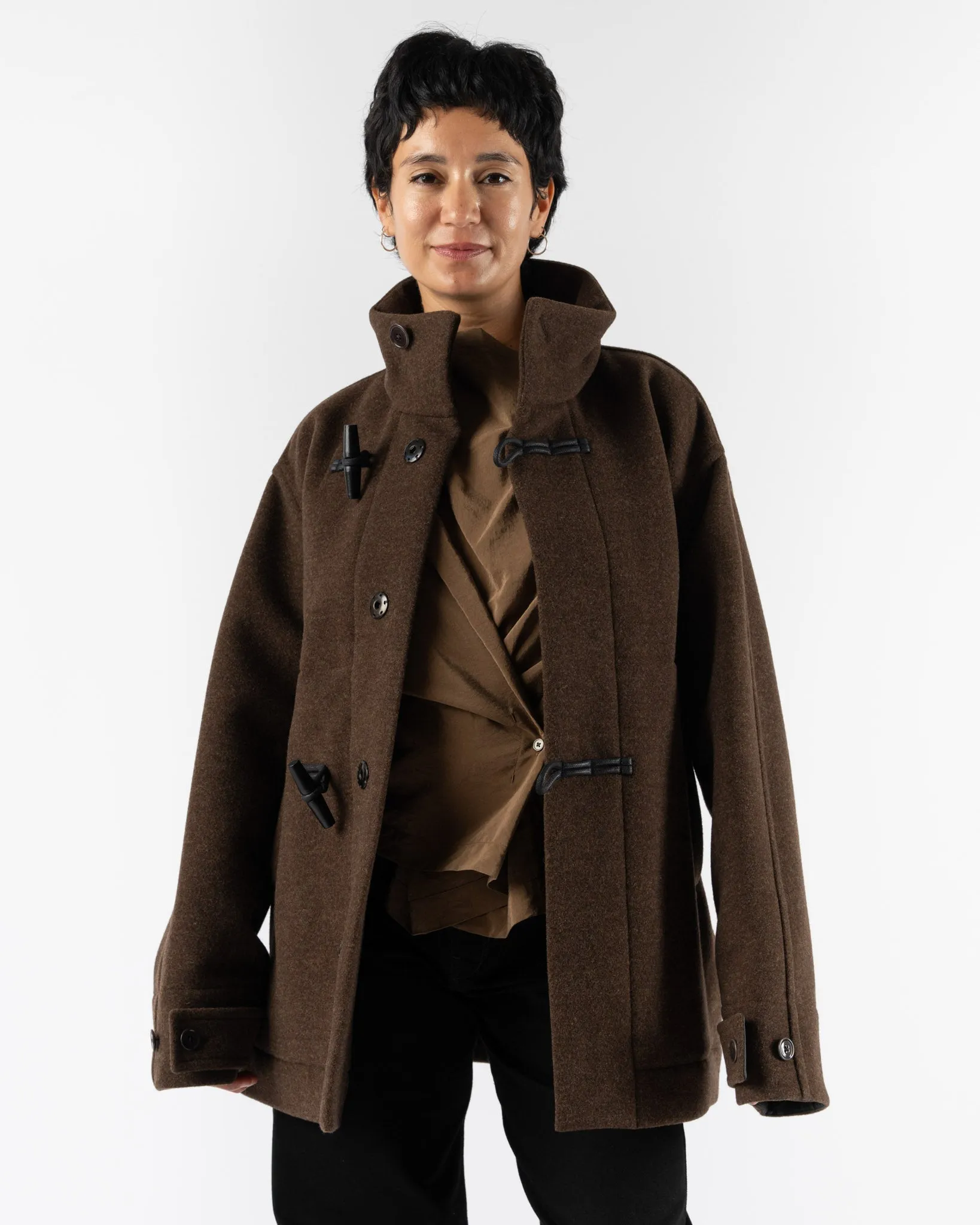 Lemaire Short Bathrobe Duffle Coat in Brown Chine