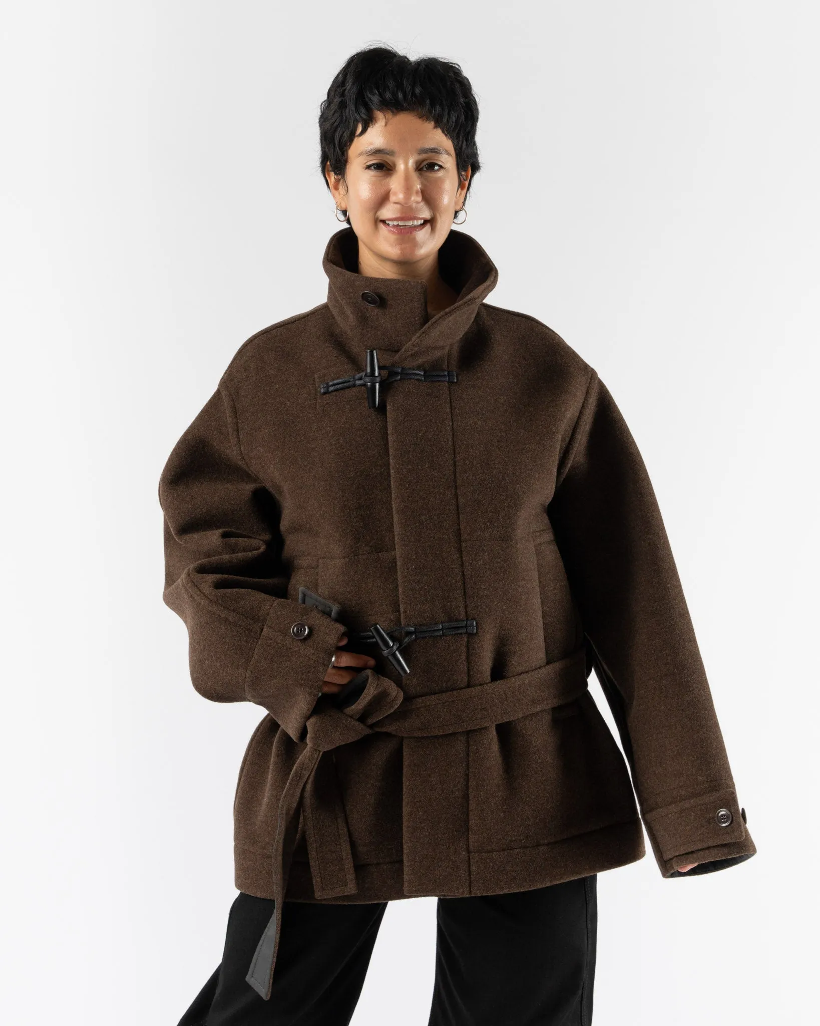 Lemaire Short Bathrobe Duffle Coat in Brown Chine