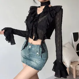 Long Sleeve Grunge Style Lace Cropped Shirt