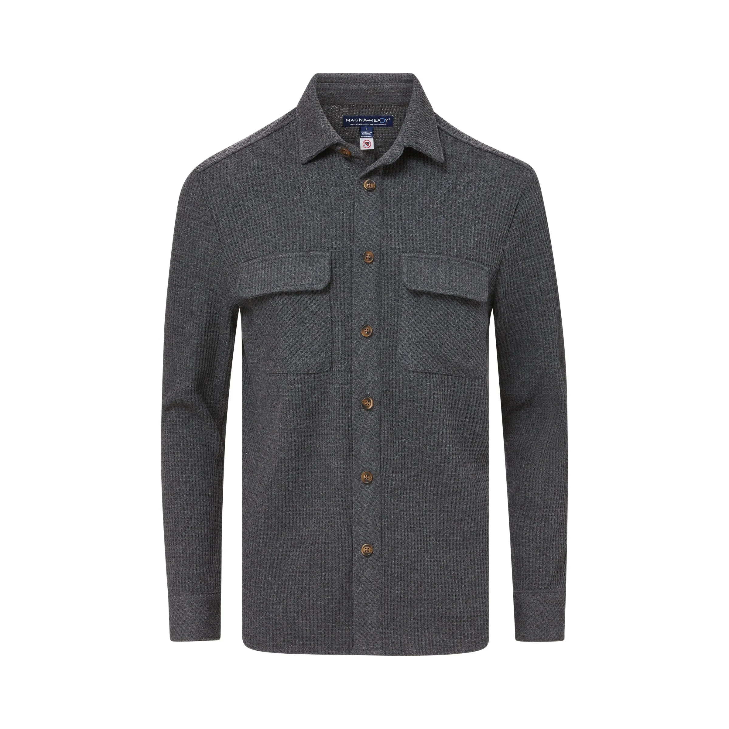 Magnetic Front WaffleWeave Casual Shirt with Dual Oversized Pockets in Charcoal