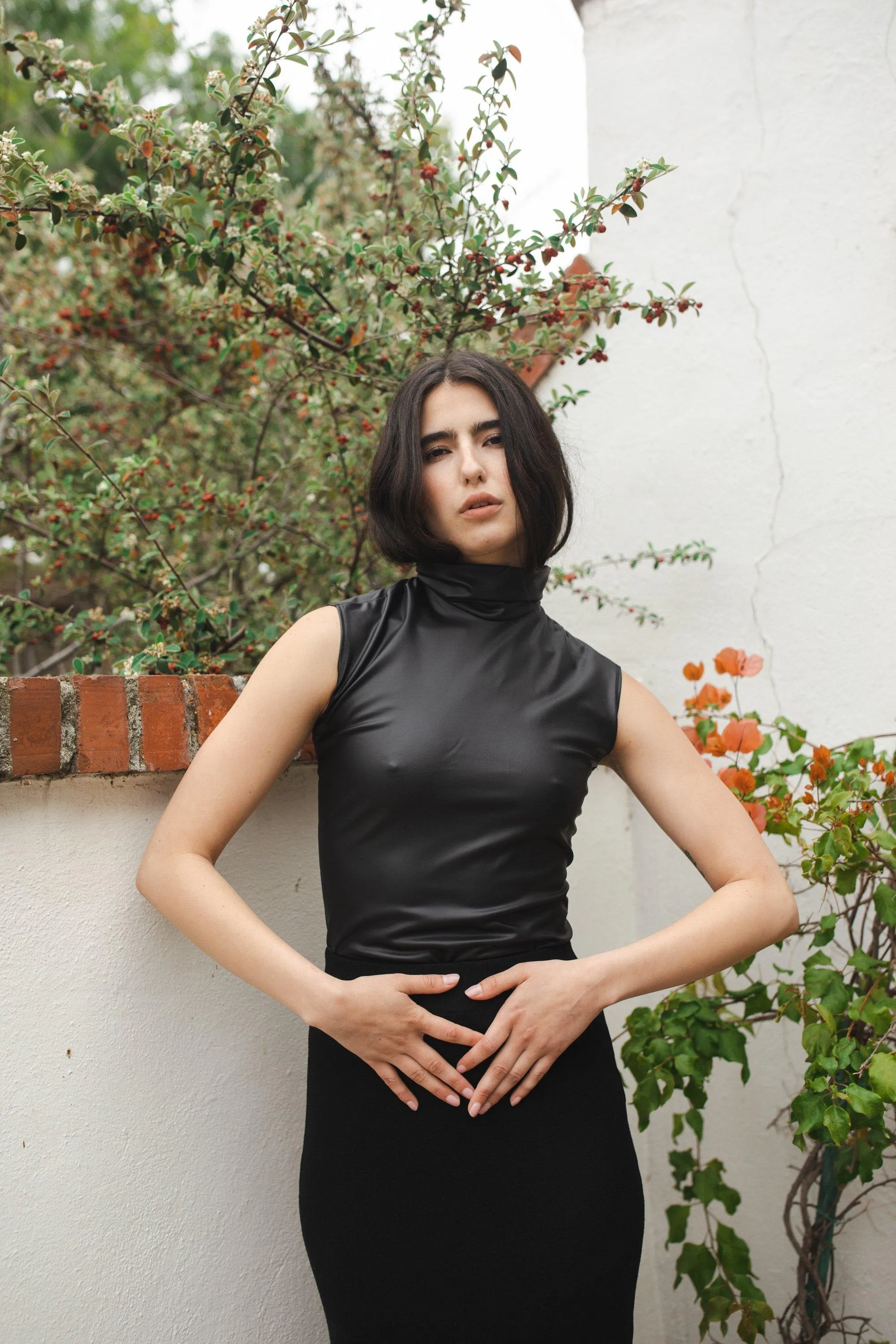 Matte Black Vegan Leather Mockneck Tank