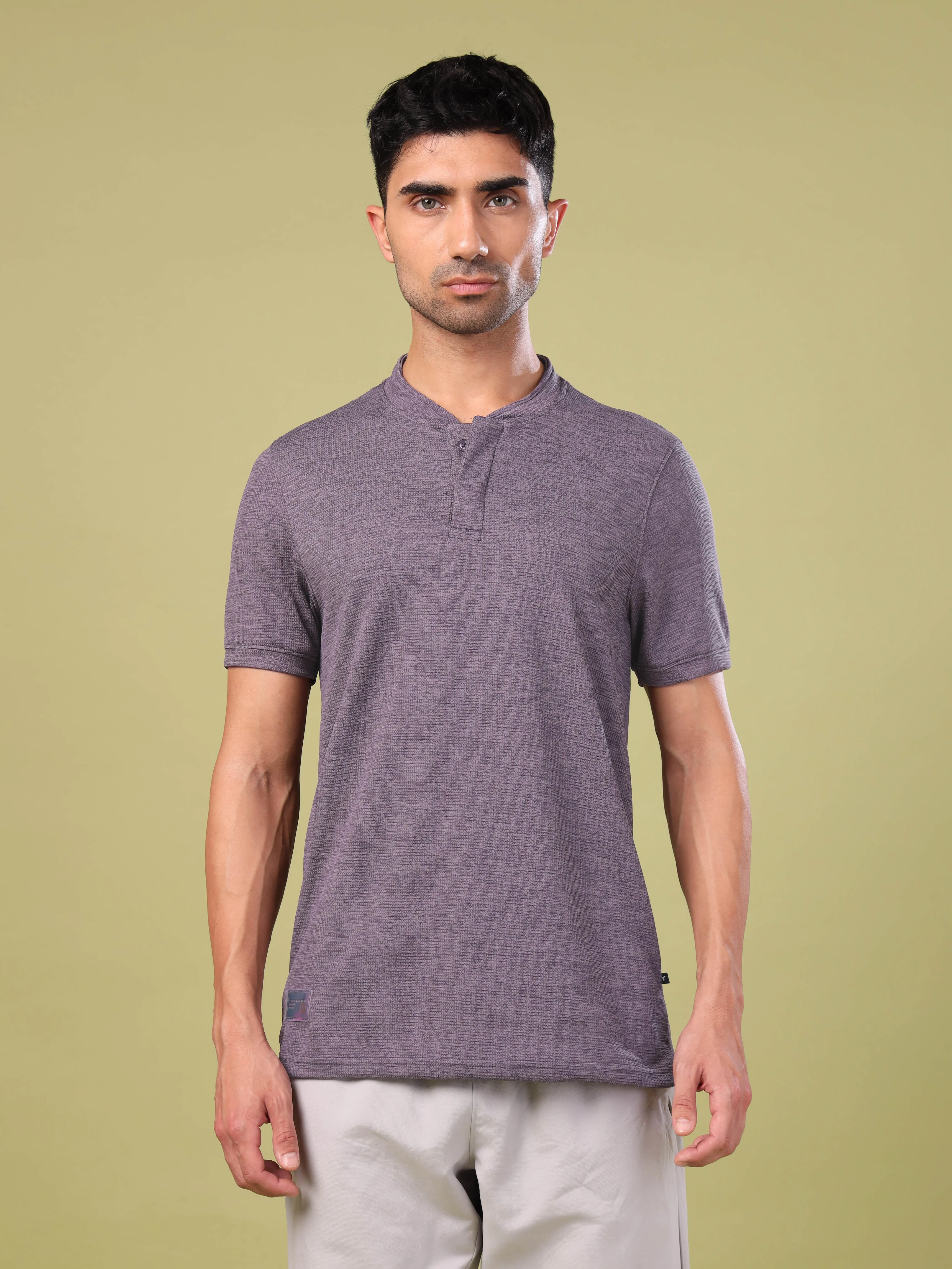 Men Cubic Melange Slim Fit Henley Neck Sports T-shirt with DOUBLE COOL