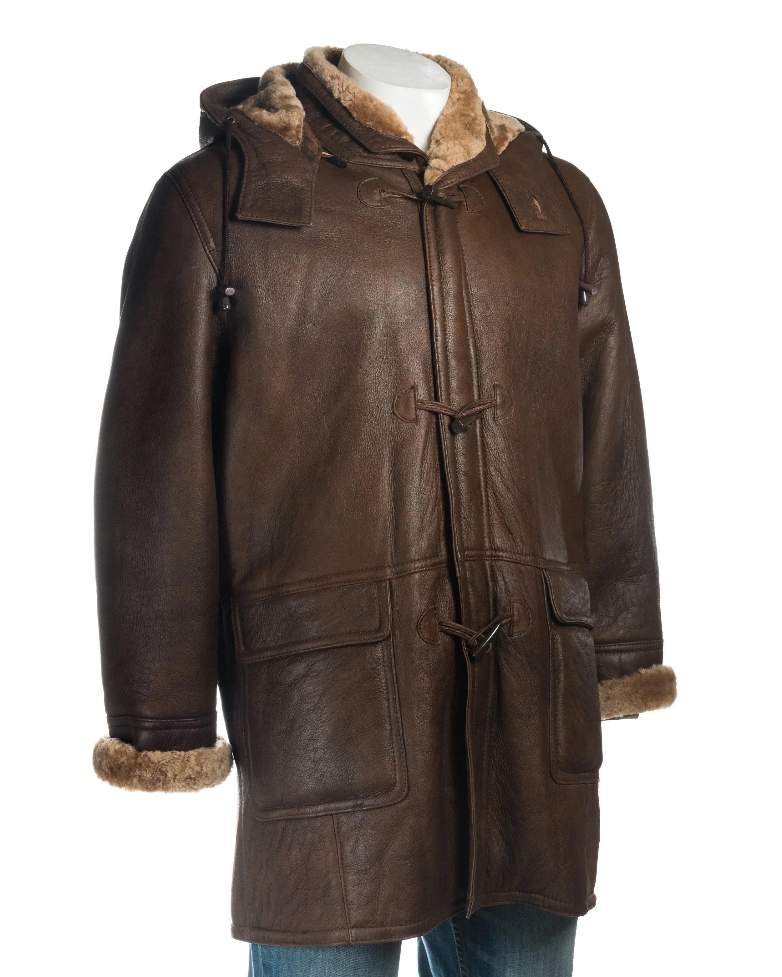 Men's Brown Duffle Style Shearling Sheepskin Coat: Felipe