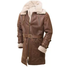 Mens Brown Duffle Trench Coat Fur Shearling Winter Jacket