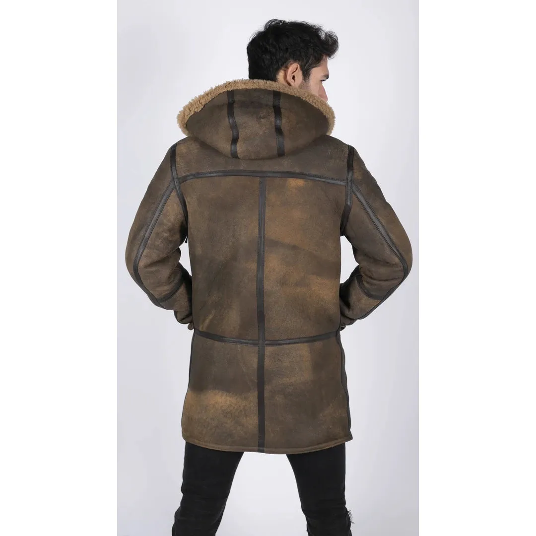 Men's Duffle 3/4 Coat Sheepskin Leather Jacket Toggle Classic Brown