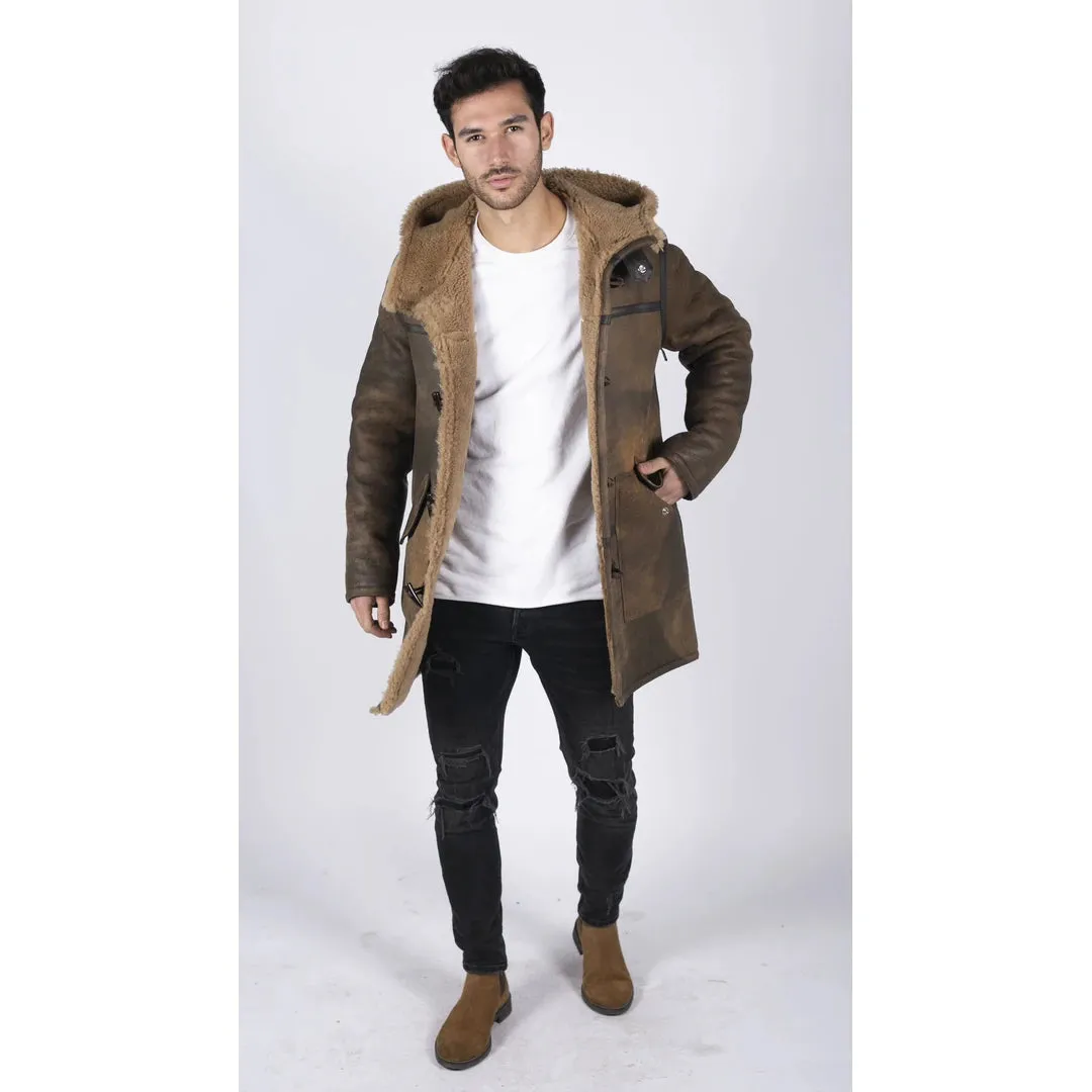 Men's Duffle 3/4 Coat Sheepskin Leather Jacket Toggle Classic Brown