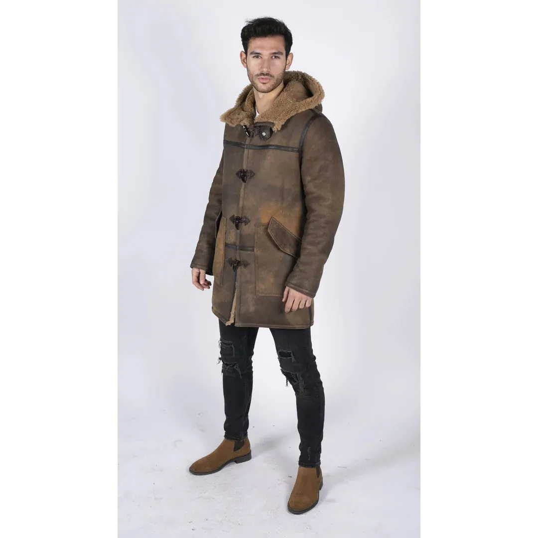 Men's Duffle 3/4 Coat Sheepskin Leather Jacket Toggle Classic Brown