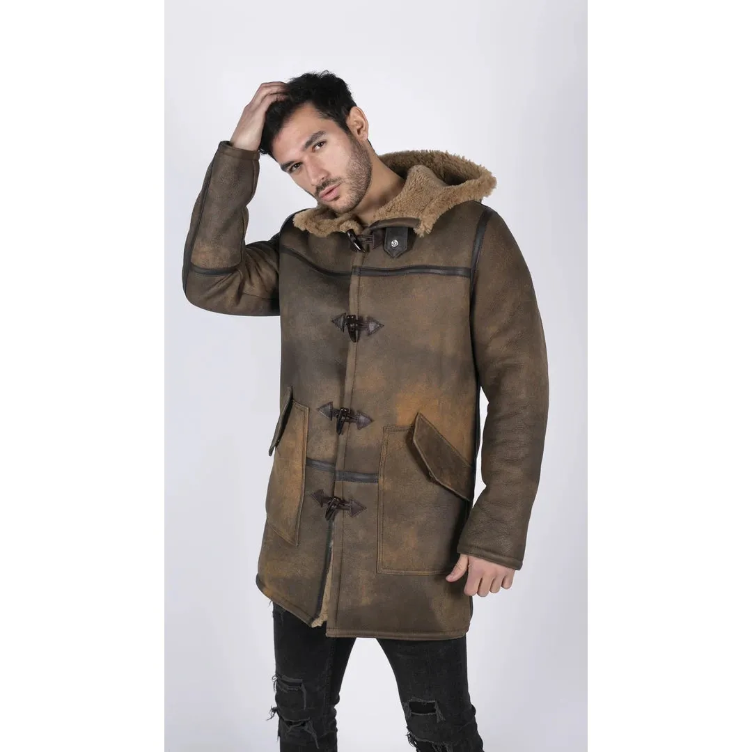 Men's Duffle 3/4 Coat Sheepskin Leather Jacket Toggle Classic Brown