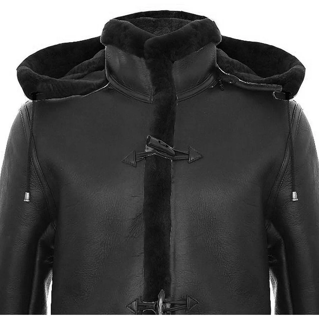 Mens Genuine Shearling Sheepskin Duffle Coat WW2 UK Winter 3/4 Leather Hood