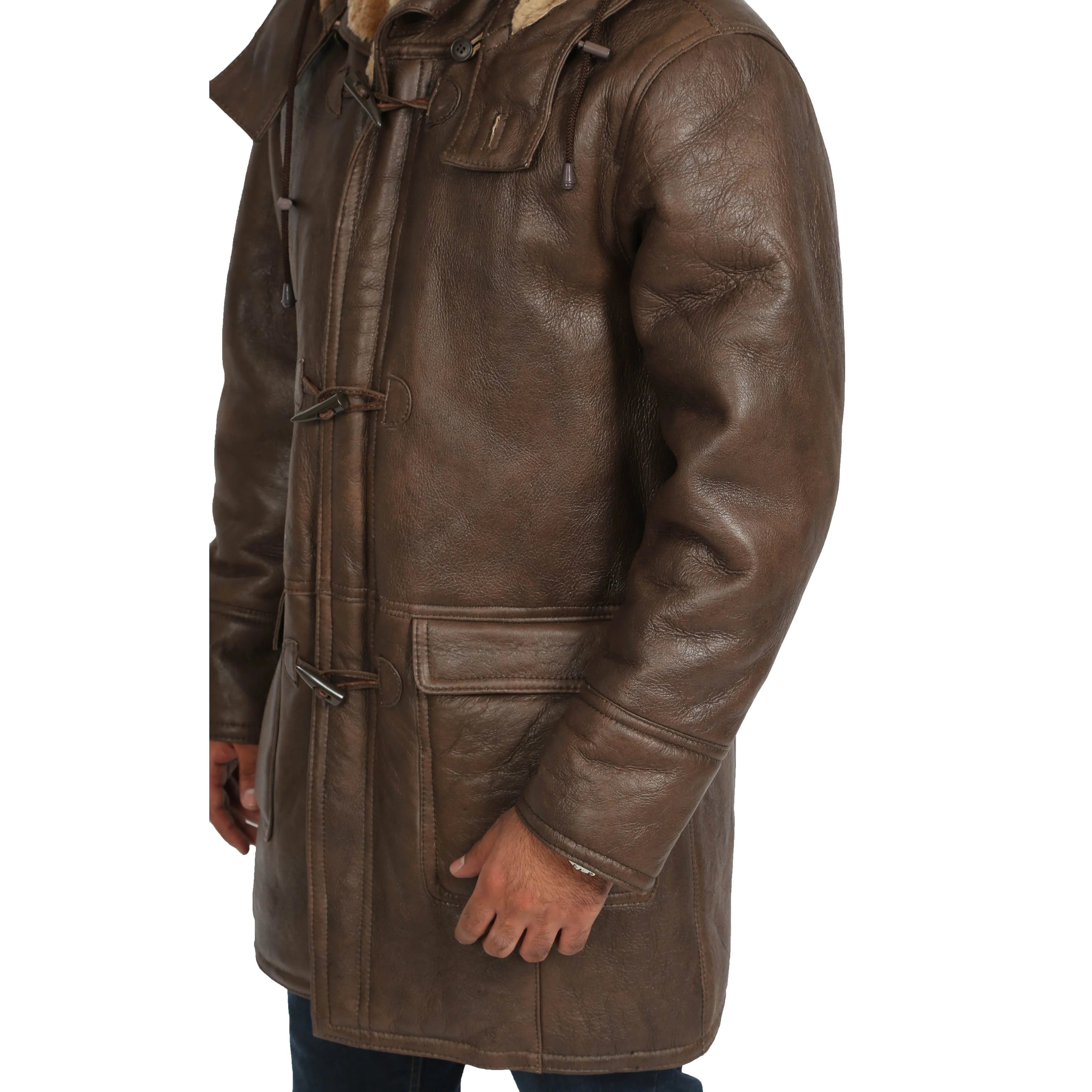 Mens Genuine Sheepskin Duffle Coat 3/4 Long Hooded Jacket Mitchel Brown