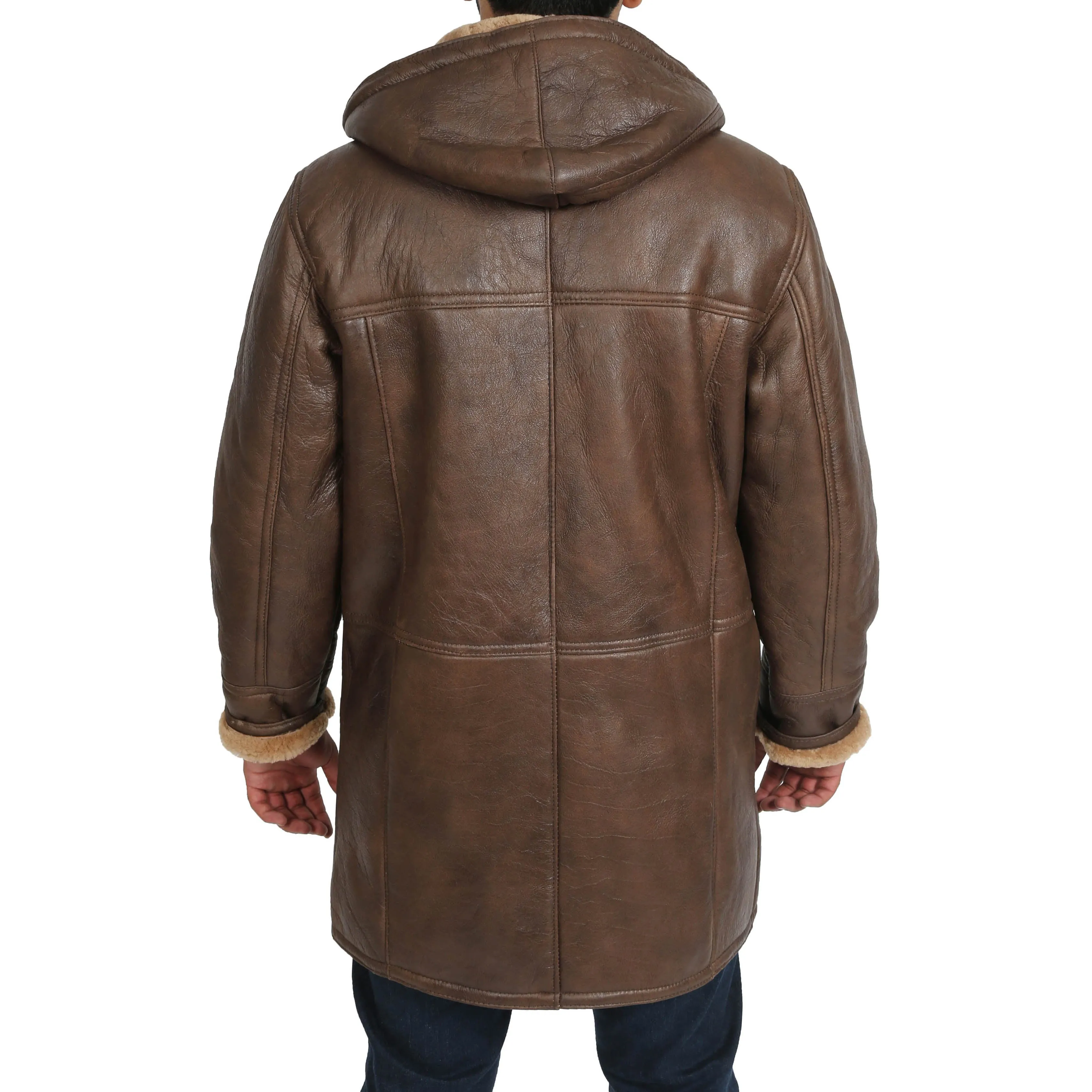 Mens Genuine Sheepskin Duffle Coat 3/4 Long Hooded Jacket Mitchel Brown