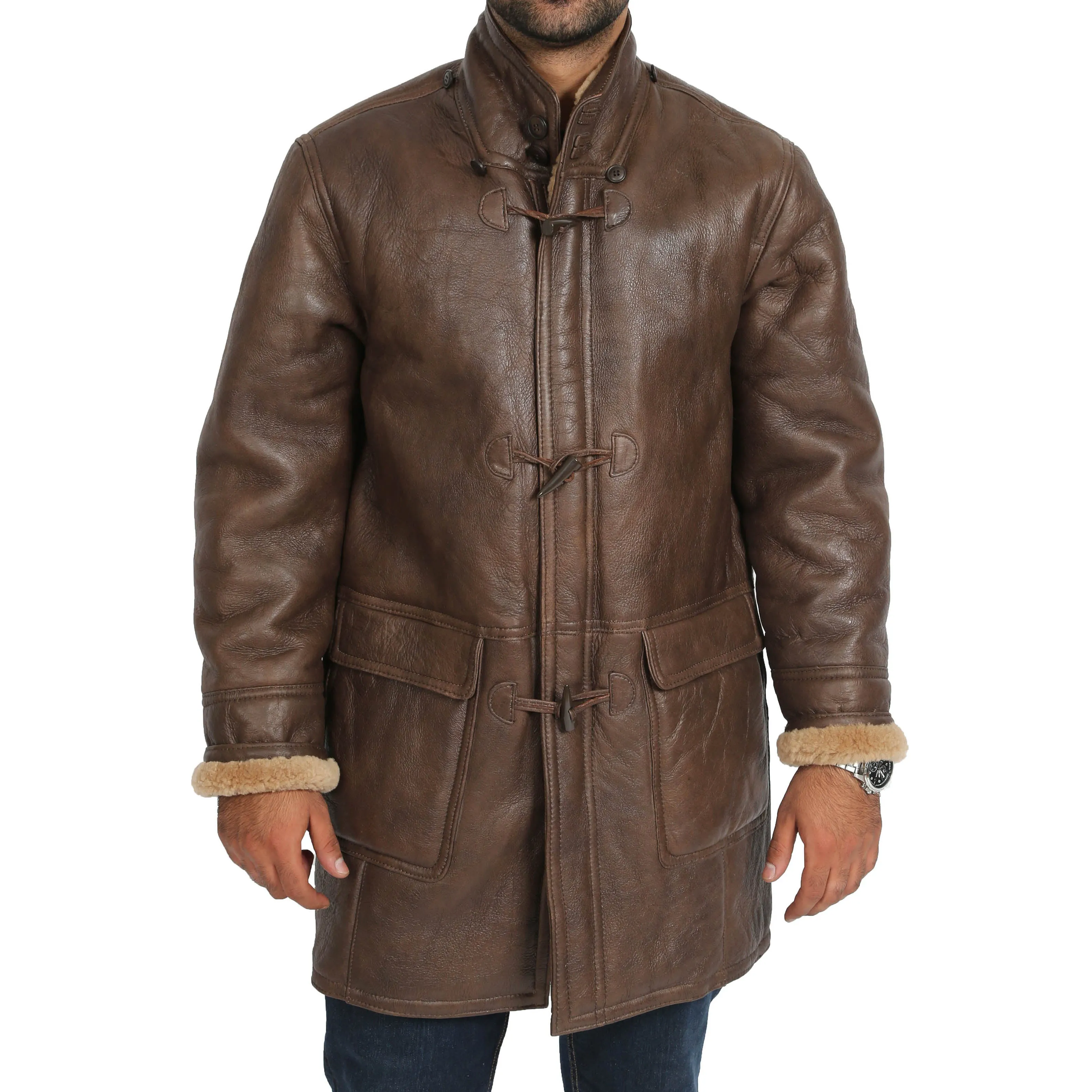 Mens Genuine Sheepskin Duffle Coat 3/4 Long Hooded Jacket Mitchel Brown