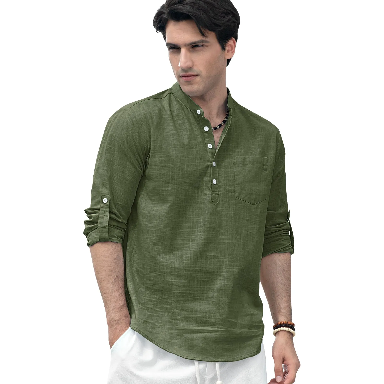 Men‘s Henley Shirt Linen with Pocket - GREEN