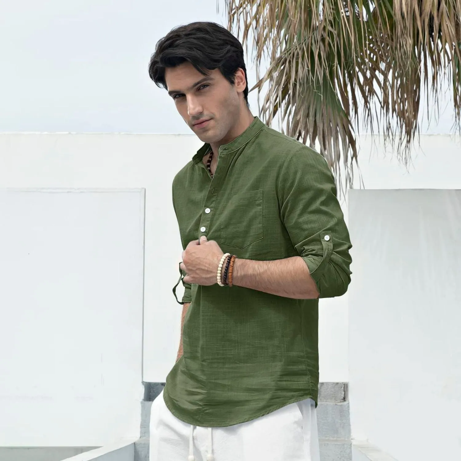 Men‘s Henley Shirt Linen with Pocket - GREEN