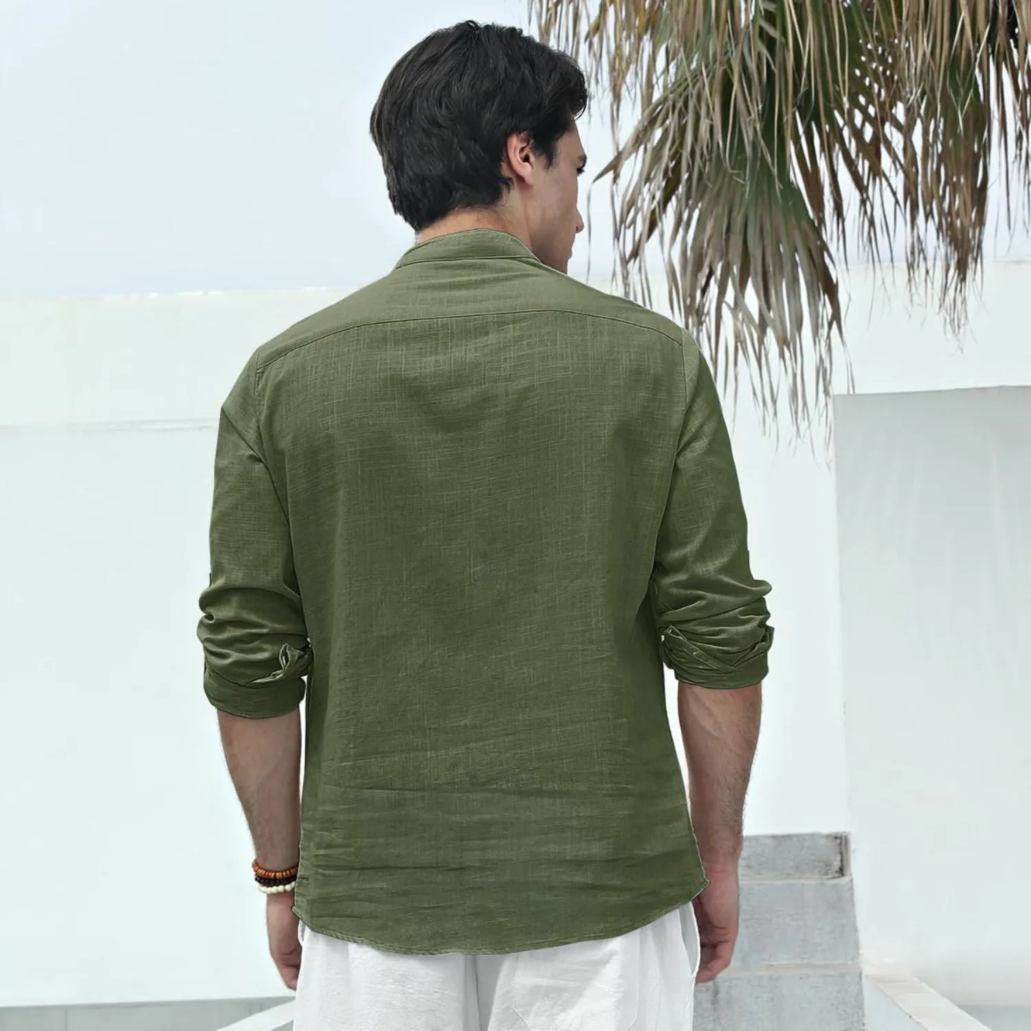 Men‘s Henley Shirt Linen with Pocket - GREEN