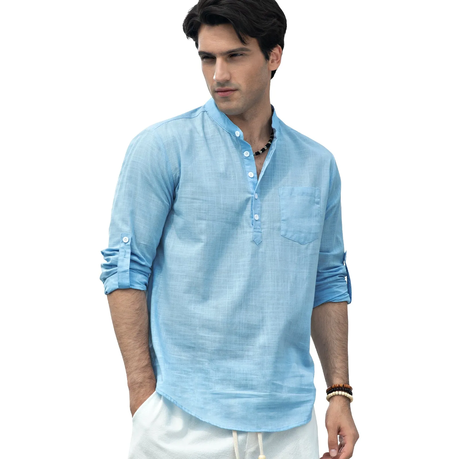 Men‘s Henley Shirt Linen with Pocket - SKY BLUE