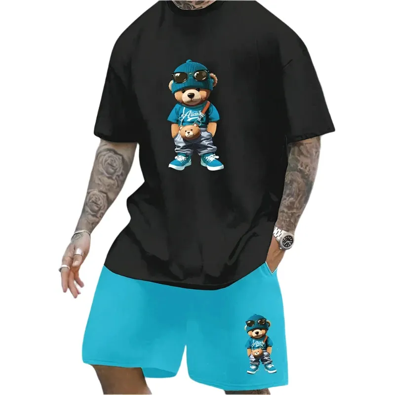 Men's Summer Fun Bear T-Shirt & Shorts Set – Loose-Fit Casual Couple Outfit, Outdoor Streetwear 2-Piece Suit